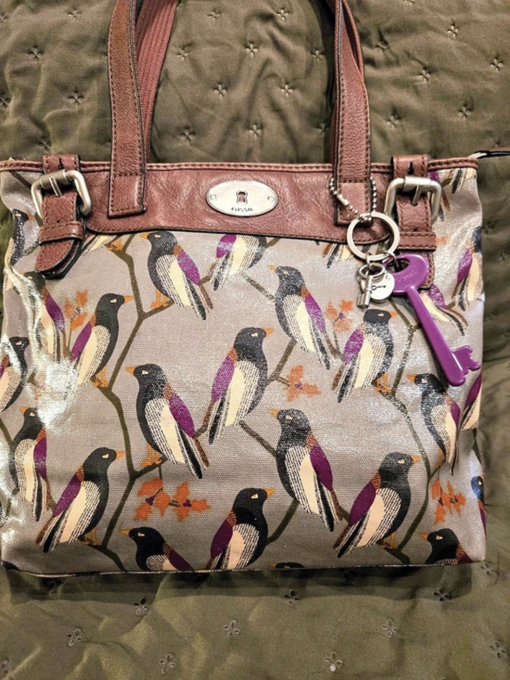 💜🐦Fossil Key-Per Bird Print Coated Canvas Tote Bag in Gray & Purple